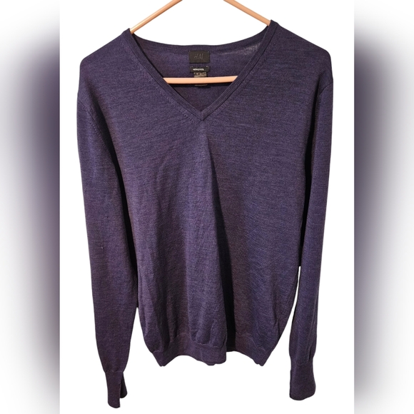 H&M Sweater Men's Sz S Dark Purple Pullover Merino Wool V-neck Long Sleeve - Picture 1 of 3